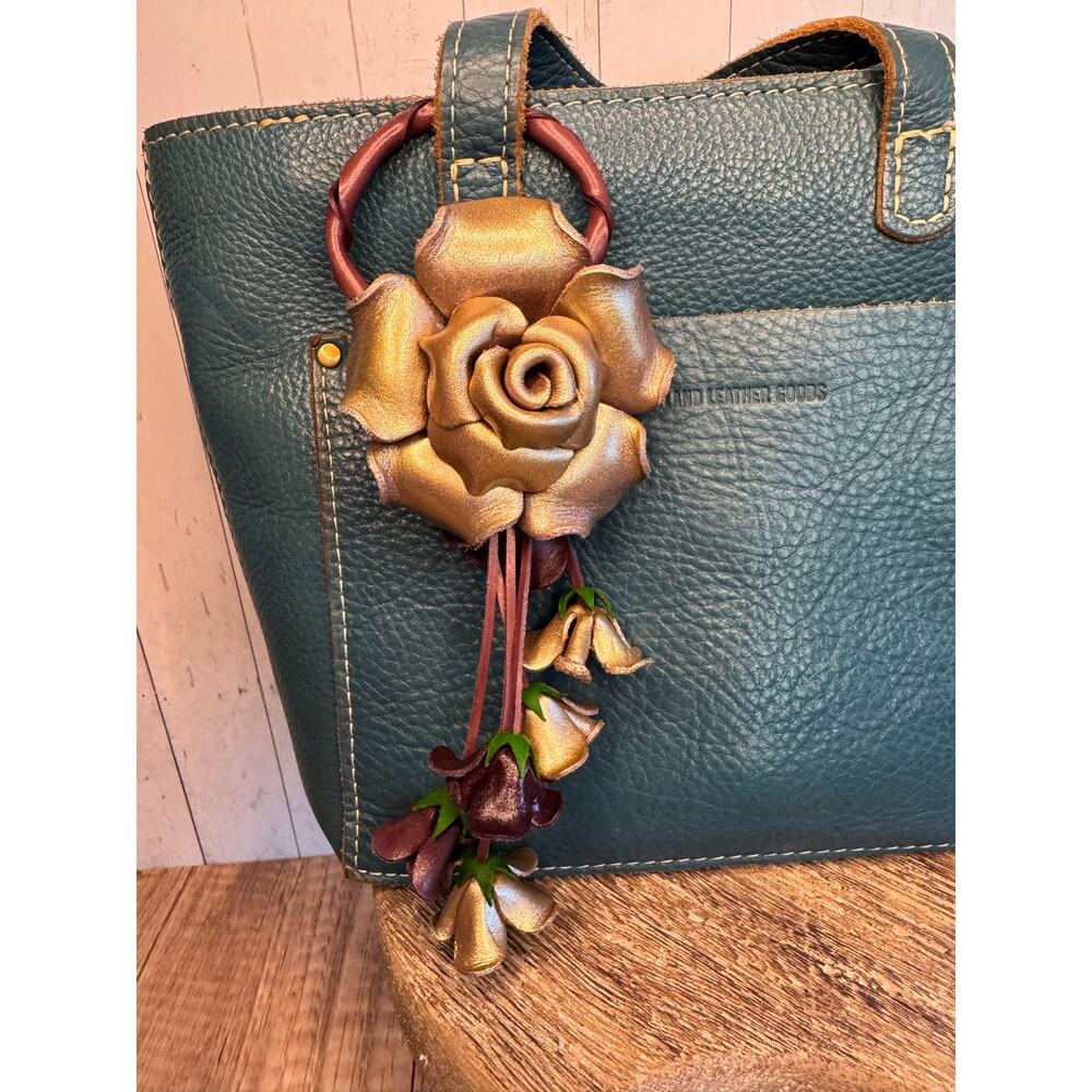 Rose Purse Charm Genuine Leather Gold Rose Summer Flower Bag Charm FAST SHIP